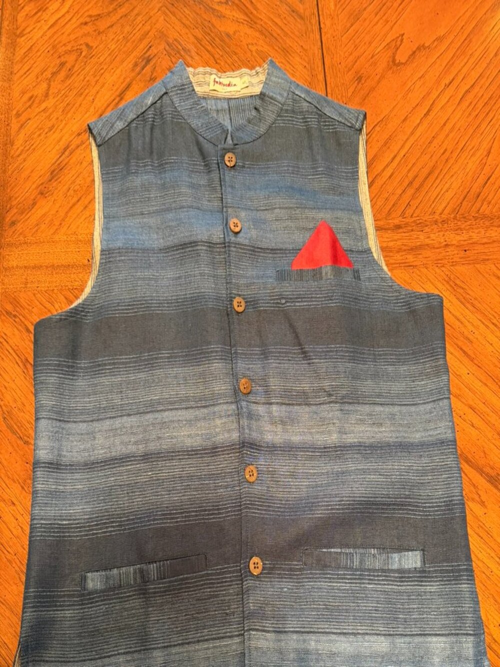 Fabindia Blue Raw Silk Striped Vest for Men